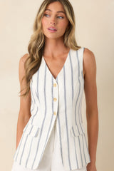 Tell Me About It White & Navy Stripe Button Front Vest Top