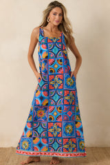 Paradisa Nerissa Blue Mediterranean Tile Print Linen Blend Maxi Dress