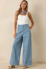 Hey, Sailor Blue Stripe Cotton Button Detail Wide Leg Pants