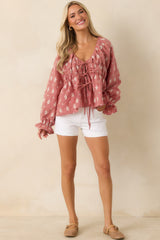 FRNCH Maui Red Vintage Floral Cotton Tie Front Blouse