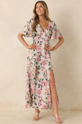 Rosewood Romance Ivory Multi Floral Flutter Sleeve Maxi Dress