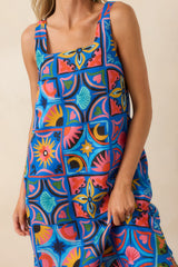 Paradisa Nerissa Blue Mediterranean Tile Print Linen Blend Maxi Dress