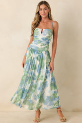 MINKPINK Carrie Blue & Green Watercolor Floral Mesh Maxi Dress