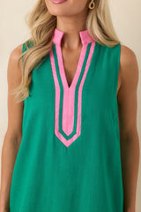 Make It Pop Green & Pink Contrast Trim Sleeveless Mini Dress