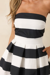 Crisp Contrast Black & White Stripe Strapless Midi Dress