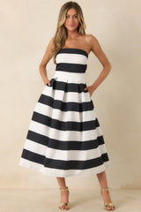 Crisp Contrast Black & White Stripe Strapless Midi Dress