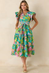 Prosperina Leighton Jade Multi Tropical Floral Cotton Midi Dress