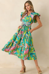 Prosperina Leighton Jade Multi Tropical Floral Cotton Midi Dress