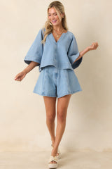 FRNCH Citrine Light Wash Textured Cotton Denim Top