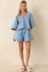 FRNCH Khoi Light Wash Textured Cotton Denim Shorts