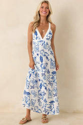 MINKPINK Baci Blue Nautical Print Cotton Blend Halter Midi Dress