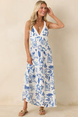 MINKPINK Baci Blue Nautical Print Cotton Blend Halter Midi Dress