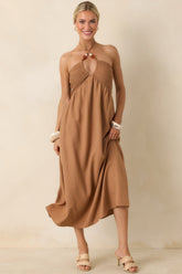 Life is But a Dream Chestnut Brown Beaded Halter Midi Dress