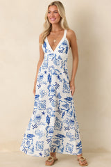 MINKPINK Baci Blue Nautical Print Cotton Blend Halter Midi Dress