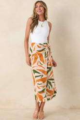 Cabana Chic Beige Tropical Print Midi Wrap Skirt