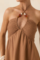 Life is But a Dream Chestnut Brown Beaded Halter Midi Dress