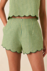 MINKPINK Capri Green Stripe Cotton Linen Scallop Hem Shorts