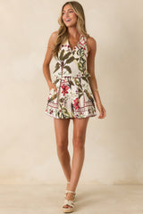 Aylaya Andrea Deep Red & Moss Green Multi Tropical Print Shorts
