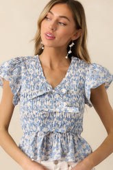 Wildflower Valley Light Blue Floral Cotton Puff Sleeve Top