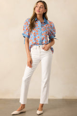 When One Door Opens Orange Floral Cotton Button Front Top