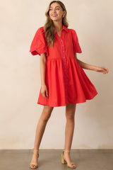 Diner Down The Road Red Button Front Mini Dress
