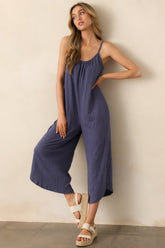 Z Supply Worn Blue Textured Flared Jumpsuit