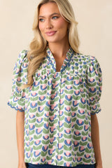 Lemonade Stand Green Floral Cotton Button Front Blouse