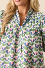 Lemonade Stand Green Floral Cotton Button Front Blouse