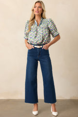 Lemonade Stand Green Floral Cotton Button Front Blouse