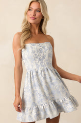 Taking The Lead Light Blue Floral Jacquard Strapless Mini Dress