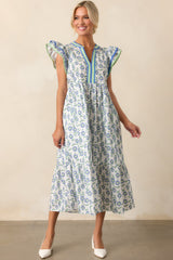 Petal Lined Path Green Floral Cotton Flutter Sleeve Midi Dress