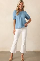 On Second Thought Blue Chambray Puff Sleeve Top