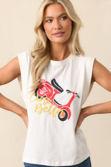 Ciao Bella White Cotton Cap Sleeve Graphic Tee