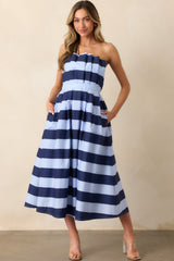 The Genevieve Navy Stripe Cotton Strapless Midi Dress