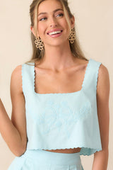New Chapter Light Blue Embroidered Scallop Hem Top