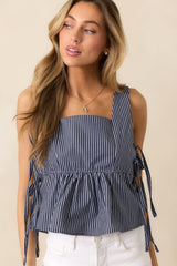 Not For Long Navy Stripe Peplum Tank Top