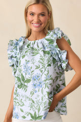Charlotte Blue Lilacs Botanical Print Cotton Ruffle Top