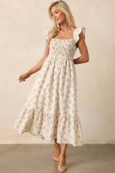 Blooming Brunch Cotton Beige Floral Flutter Sleeve Maxi Dress