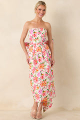 Prosperina Lisette Pink Multi Floral Cotton Strapless Midi Dress