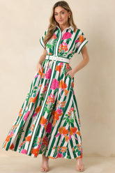 Prosperina Jocelyn Green Multi Floral Stripe Cotton Maxi Dress