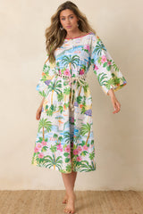 Paradisa Sarasota Pink Multi Cotton Linen Poolside Print Caftan Dress