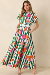Prosperina Jocelyn Green Multi Floral Stripe Cotton Maxi Dress