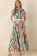 Prosperina Jocelyn Green Multi Floral Stripe Cotton Maxi Dress
