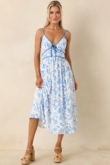 Drifting With The Wind Blue Tropical Print Midi Dress