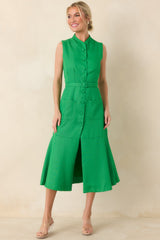 Prosperina Rowan Green Sleeveless Button Front Midi Dress