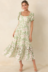 Garden Waltz Green & Pink Floral Lace Tie Back Midi Dress