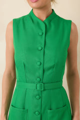 Prosperina Rowan Green Sleeveless Button Front Midi Dress