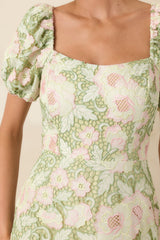 Garden Waltz Green & Pink Floral Lace Tie Back Midi Dress