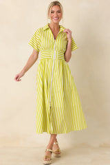 Put It in Motion Chartreuse Green Stripe Cotton Midi Dress
