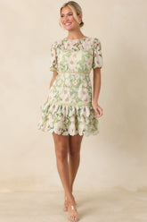 Petal Poetry Green & Pink Floral Lace Ruffle Mini Dress